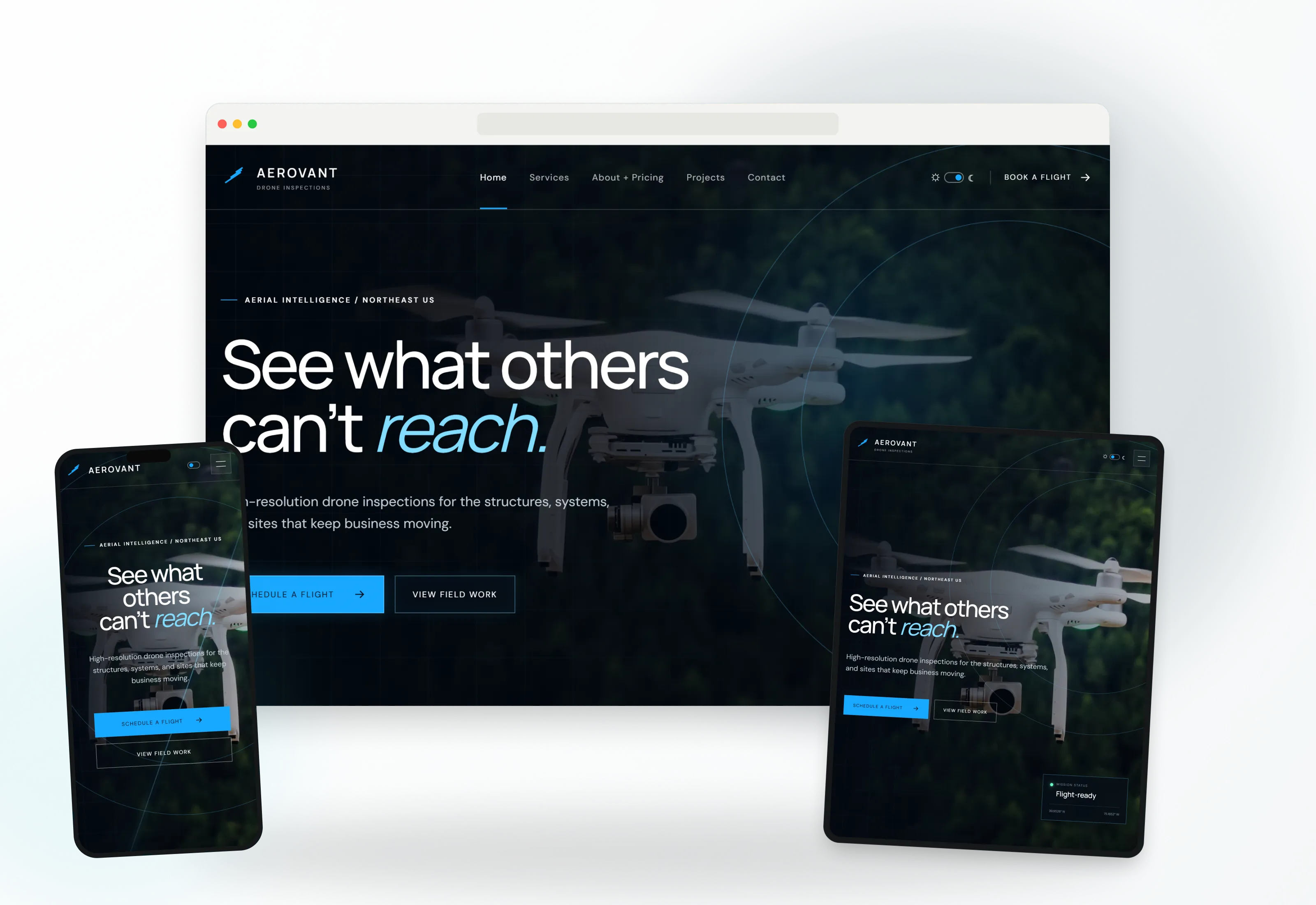 Aerovant drone inspection website displayed on desktop, tablet, and mobile devices