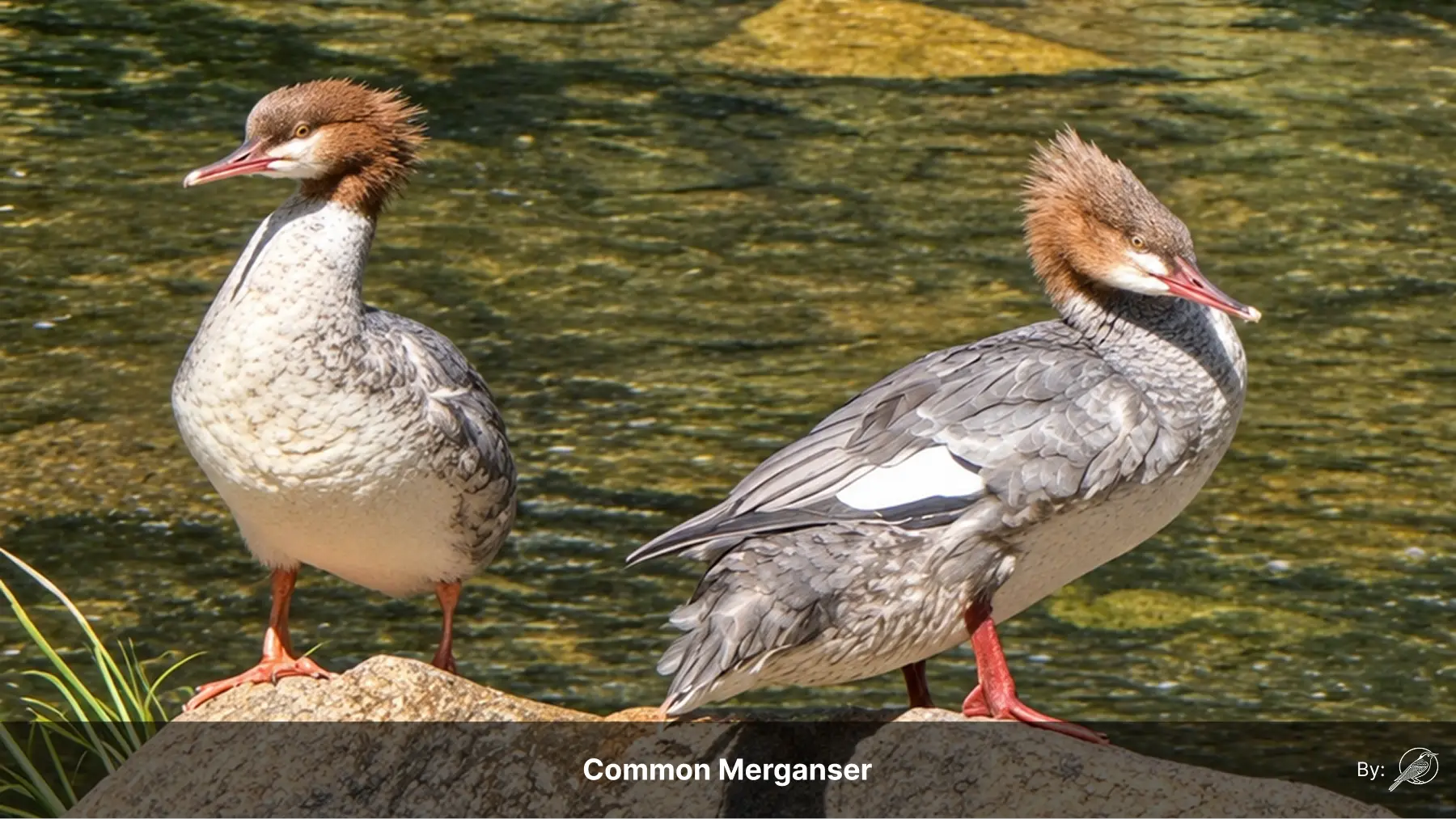 common mergansers on a rock