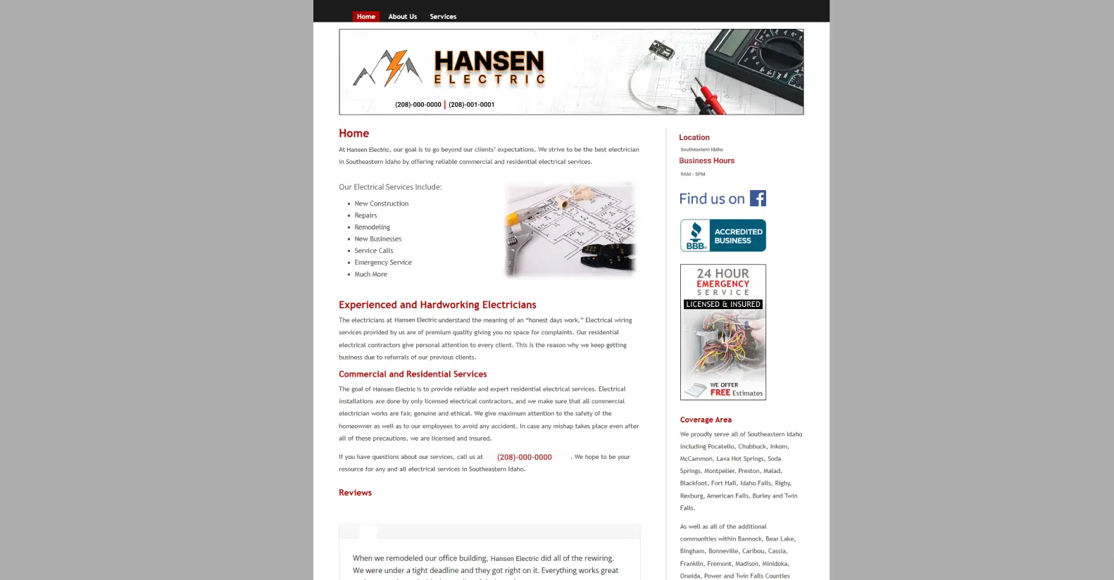 Anonymized desktop view of the original contractor website