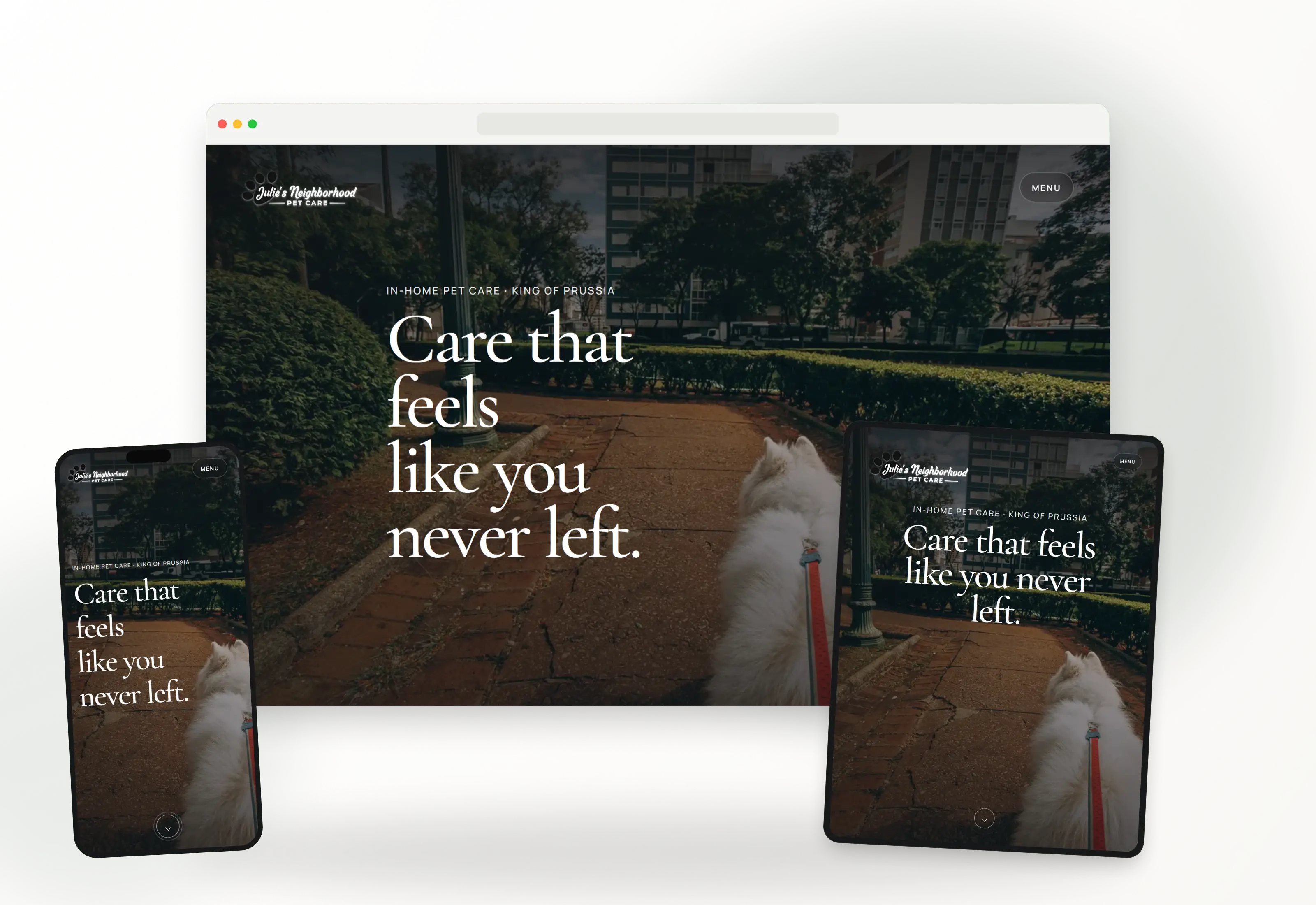 Julie's Neighborhood Pet Care website displayed on desktop, tablet, and mobile devices