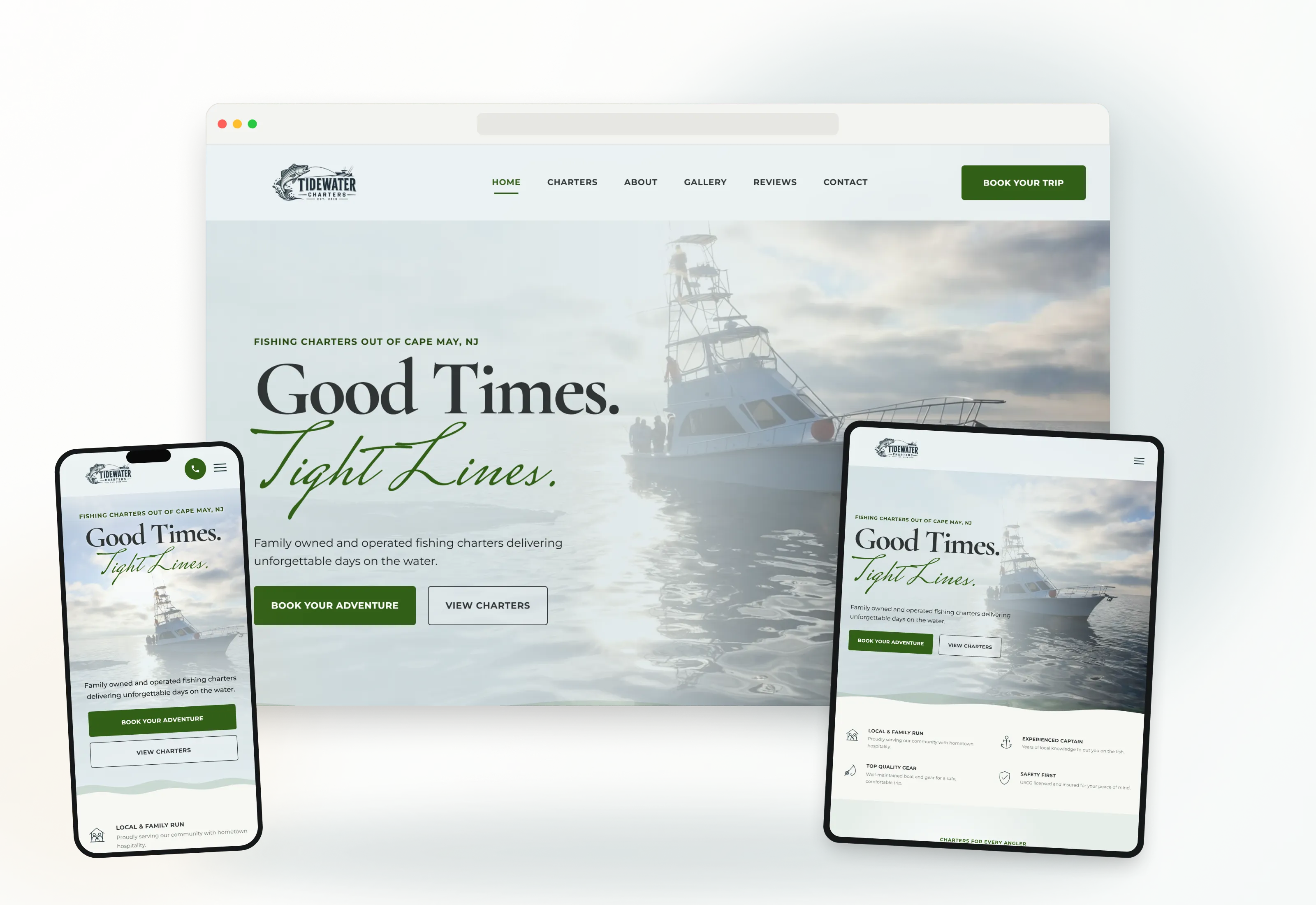 Tidewater Charters website displayed on desktop, tablet, and mobile devices